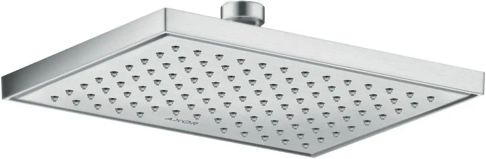 Duschkopf in quadratischer Form, gefertigt aus gebürstetem Edelstahl, mit gleichmäßig verteilten Wasseröfnungen, von der Marke AXOR.